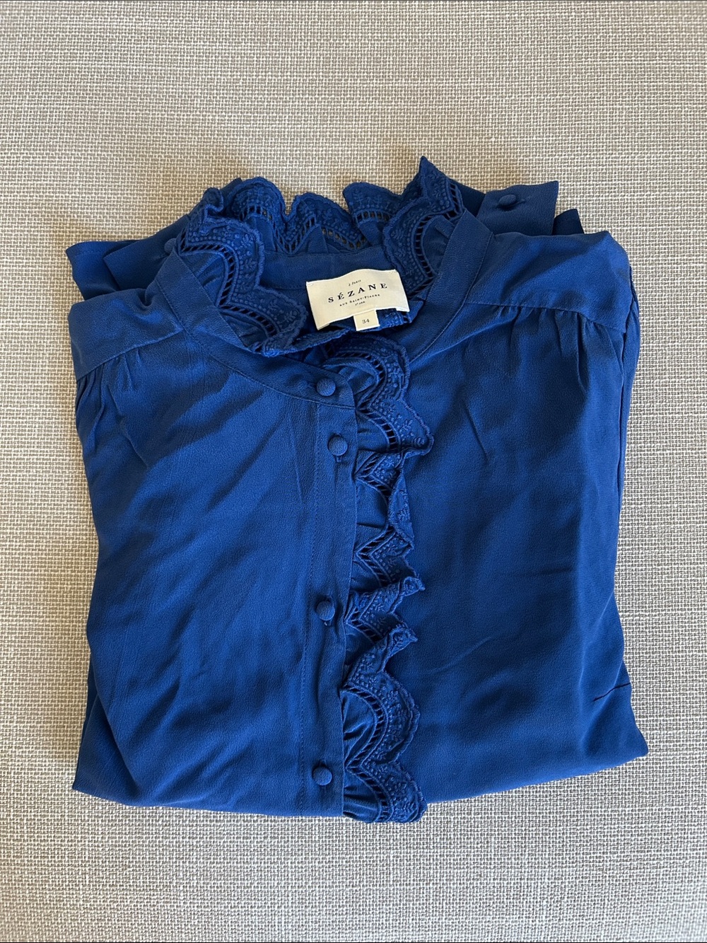BEST Sezane Chlo Silk Shirt Blouse FR34/US2 Bright Blue French Classic - Picture 5 of 10
